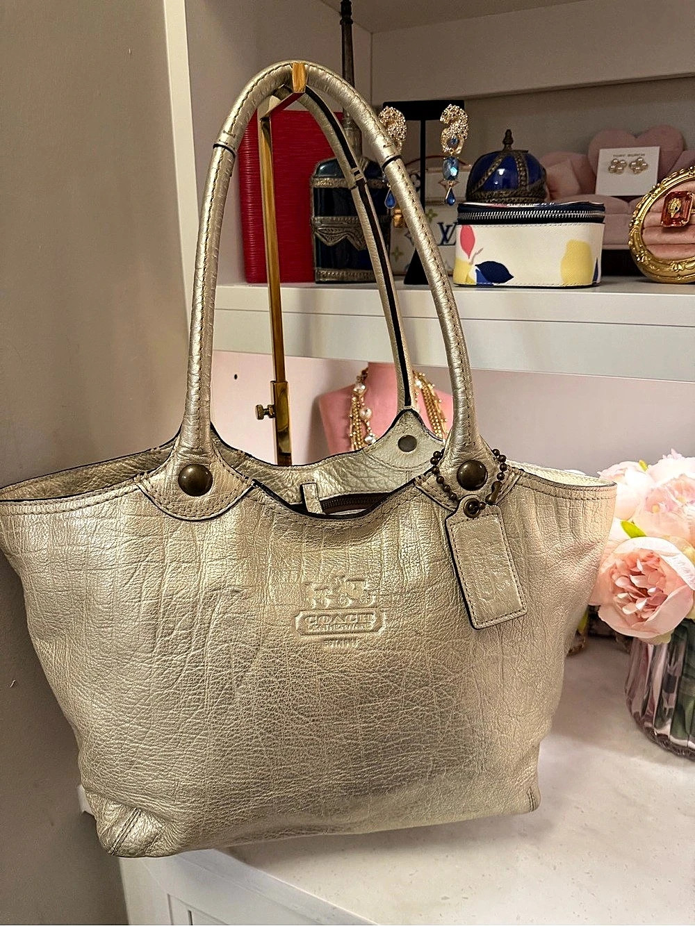 Coach EUC Metallic Leather Tote in Gold with Tattersall Lining
